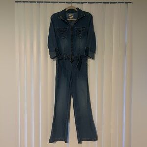 Blue High-Waisted Denim Overalls with Wide-Leg